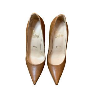 Christian Louboutin Pointed Toe Heels Pumps Leather Camel Slip On Size 37.5 EU